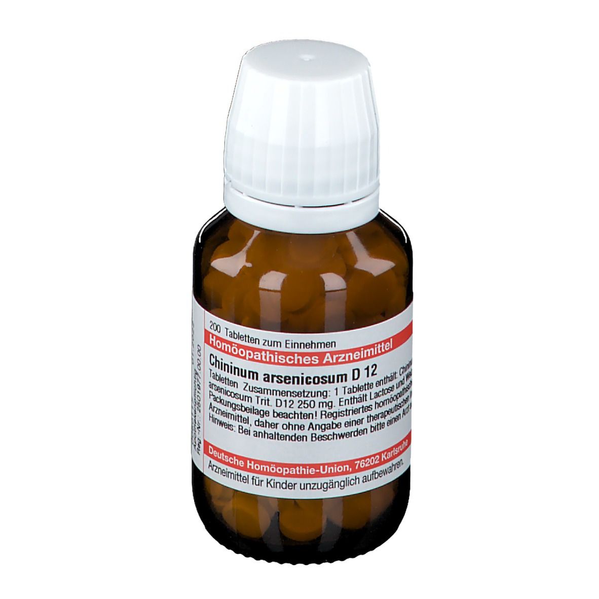 Braune Glasflasche mit weißem Deckel. Etikett mit Produktinformationen: Chininum arsenicosum D 12. 200 Tabletten. Deutsche Homöopathie-Union.