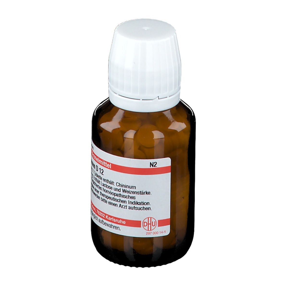 Braune Glasflasche mit weißem Deckel. Etikett mit Produktinformationen: Chininum arsenicosum D 12. N2. Deutsche Homöopathie-Union.