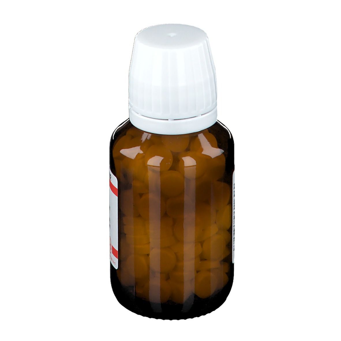 Braune Glasflasche mit weißem Deckel, gefüllt mit Tabletten. Keine weiteren Details sichtbar.