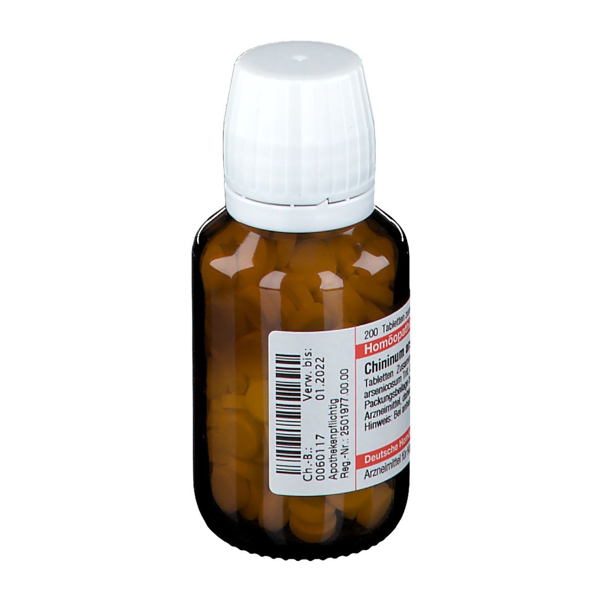 Braune Glasflasche mit weißem Deckel. Etikett mit Produktinformationen und Verfallsdatum 01.2022. 200 Tabletten.