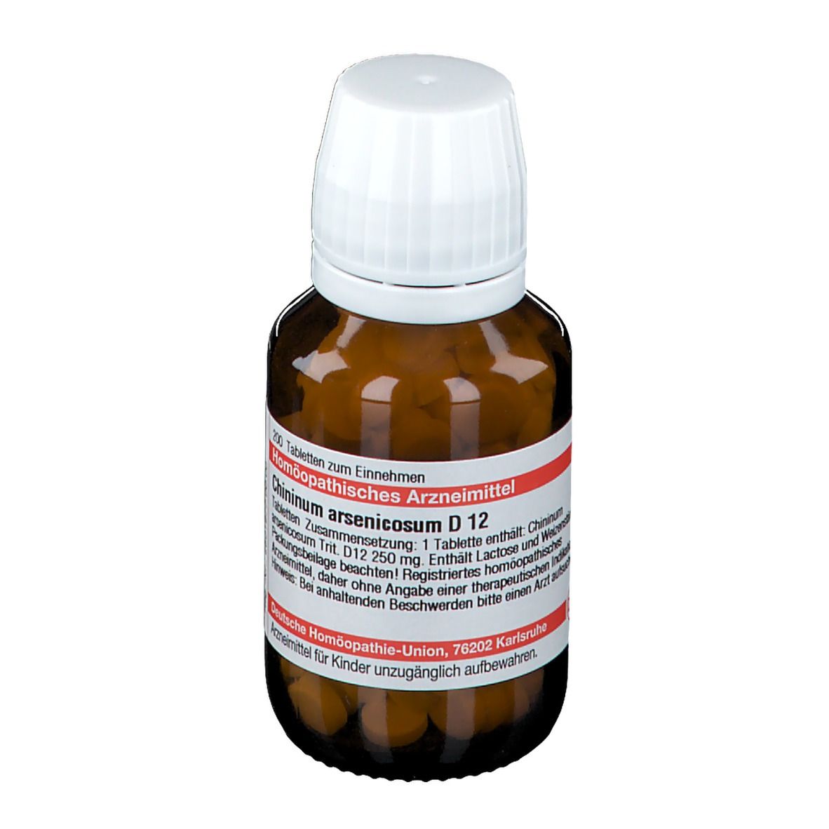 Braune Glasflasche mit weißem Deckel. Etikett mit Produktinformationen: Chininum arsenicosum D 12. 200 Tabletten. Deutsche Homöopathie-Union.