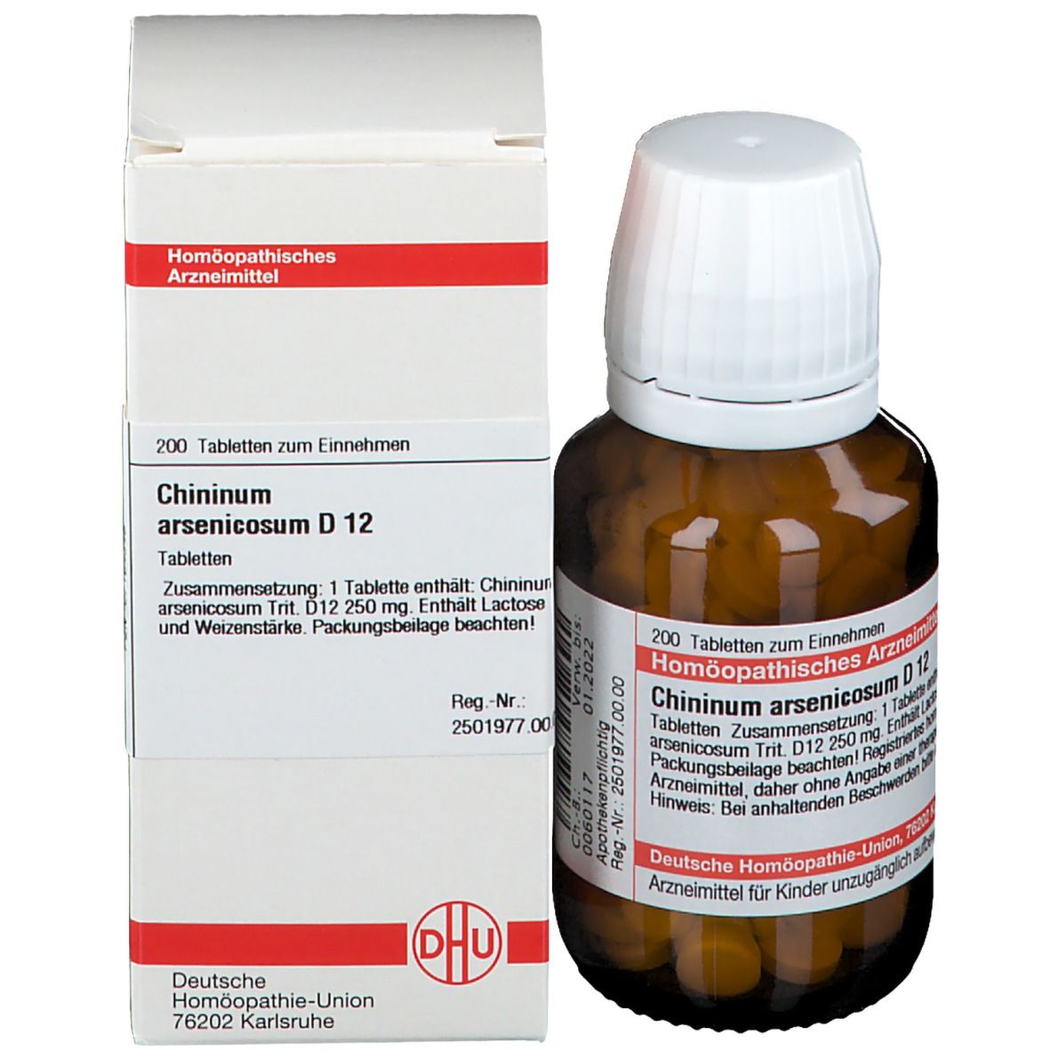 Braune Glasflasche und Karton. Flasche: Chininum arsenicosum D 12, 200 Tabletten. Karton: Produktname, DHU Logo.