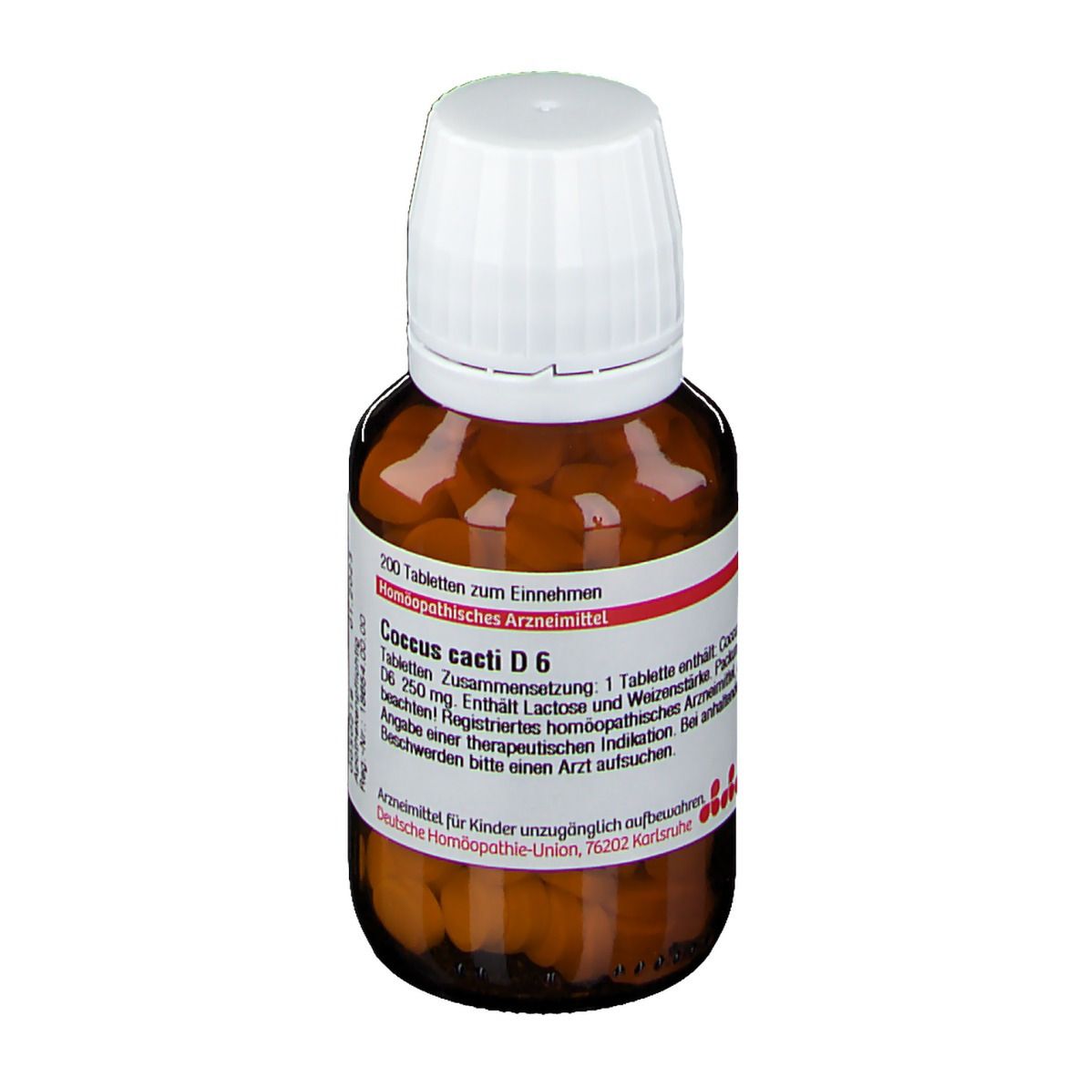 Braune Tabletten in einer braunen Glasflasche mit weißem Deckel. Rotes Etikett mit Text. Marke DHU.