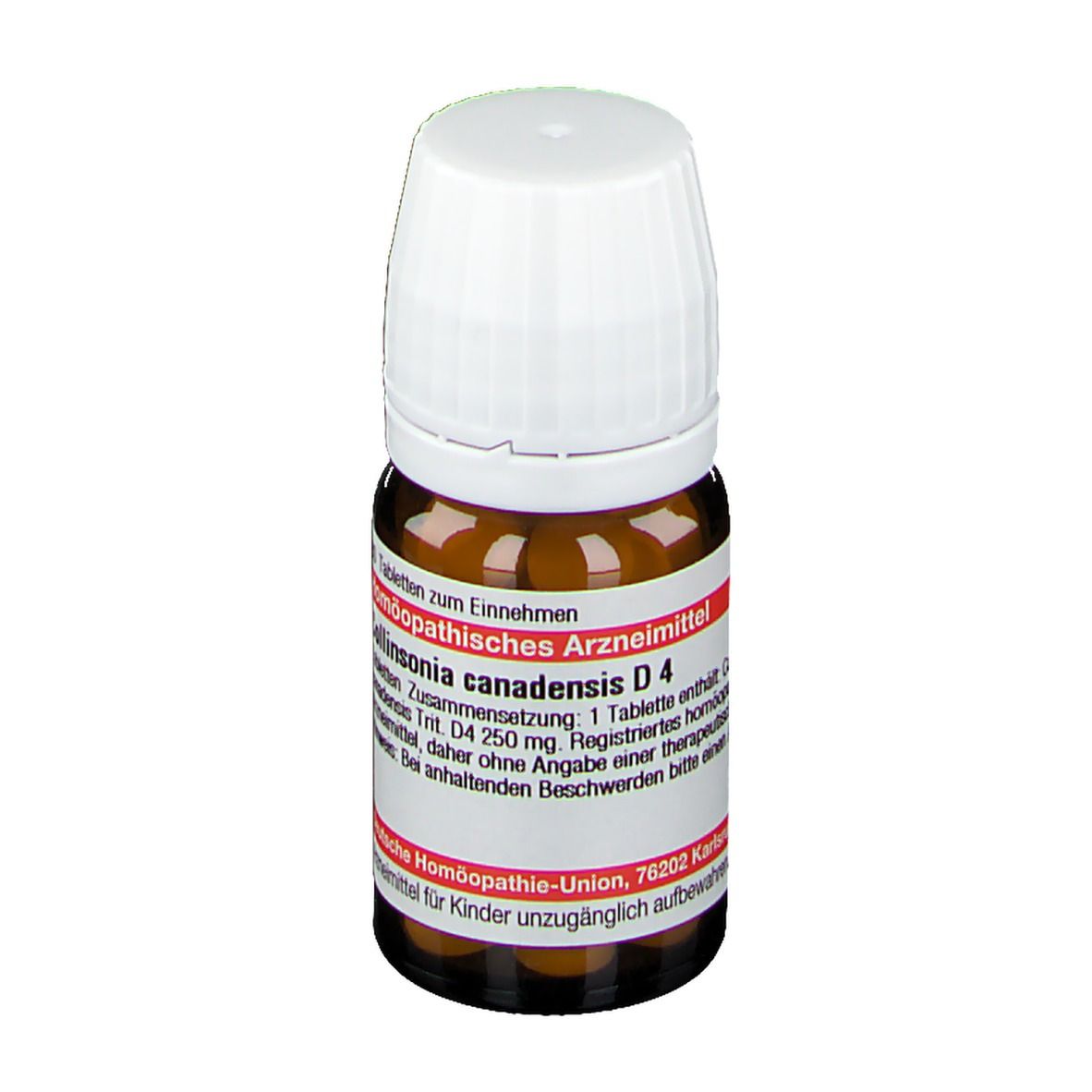Braune Glasflasche mit weißem Deckel. Etikett mit Text: Collinsonia canadensis D4, homöopathisches Arzneimittel.