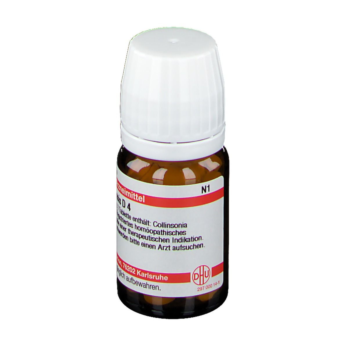 Braune Glasflasche mit weißem Deckel. Etikett mit Text: Collinsonia canadensis D4, homöopathisches Arzneimittel, N1.
