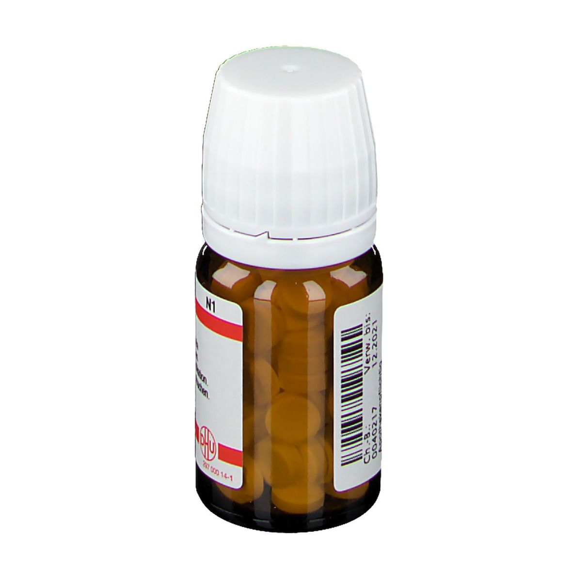 Braune Glasflasche mit weißem Deckel. Etikett mit Text: Collinsonia canadensis D4, homöopathisches Arzneimittel. Tabletten sichtbar.