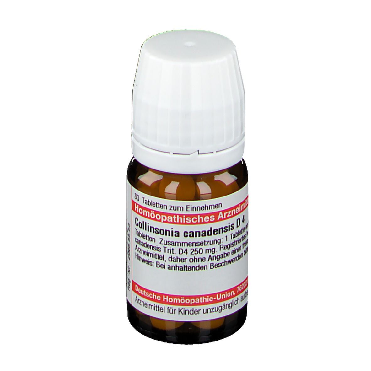 Braune Glasflasche mit weißem Deckel. Etikett mit Text: Collinsonia canadensis D4, homöopathisches Arzneimittel. 80 Tabletten.