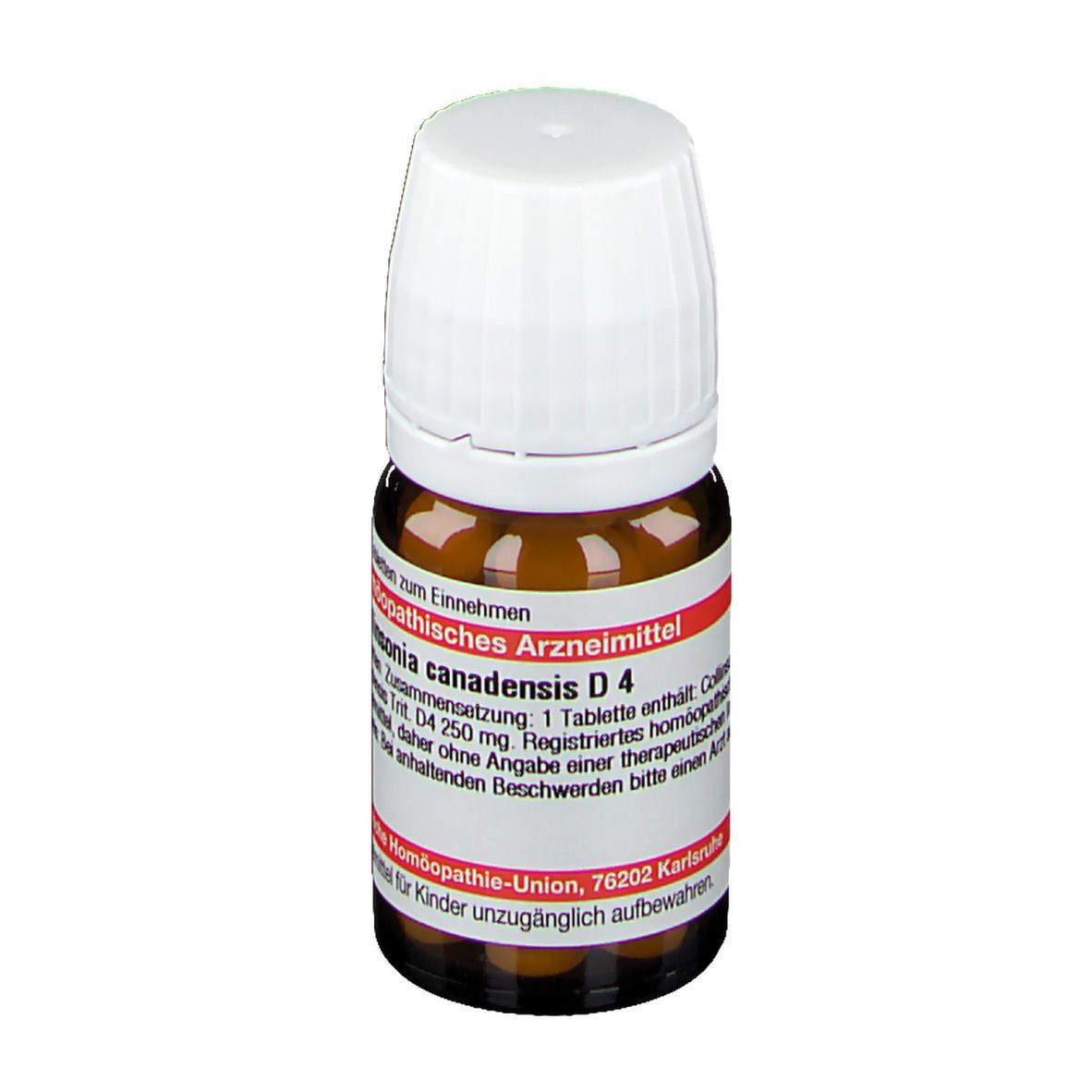 Braune Glasflasche mit weißem Deckel. Etikett mit Text: Collinsonia canadensis D4, homöopathisches Arzneimittel.