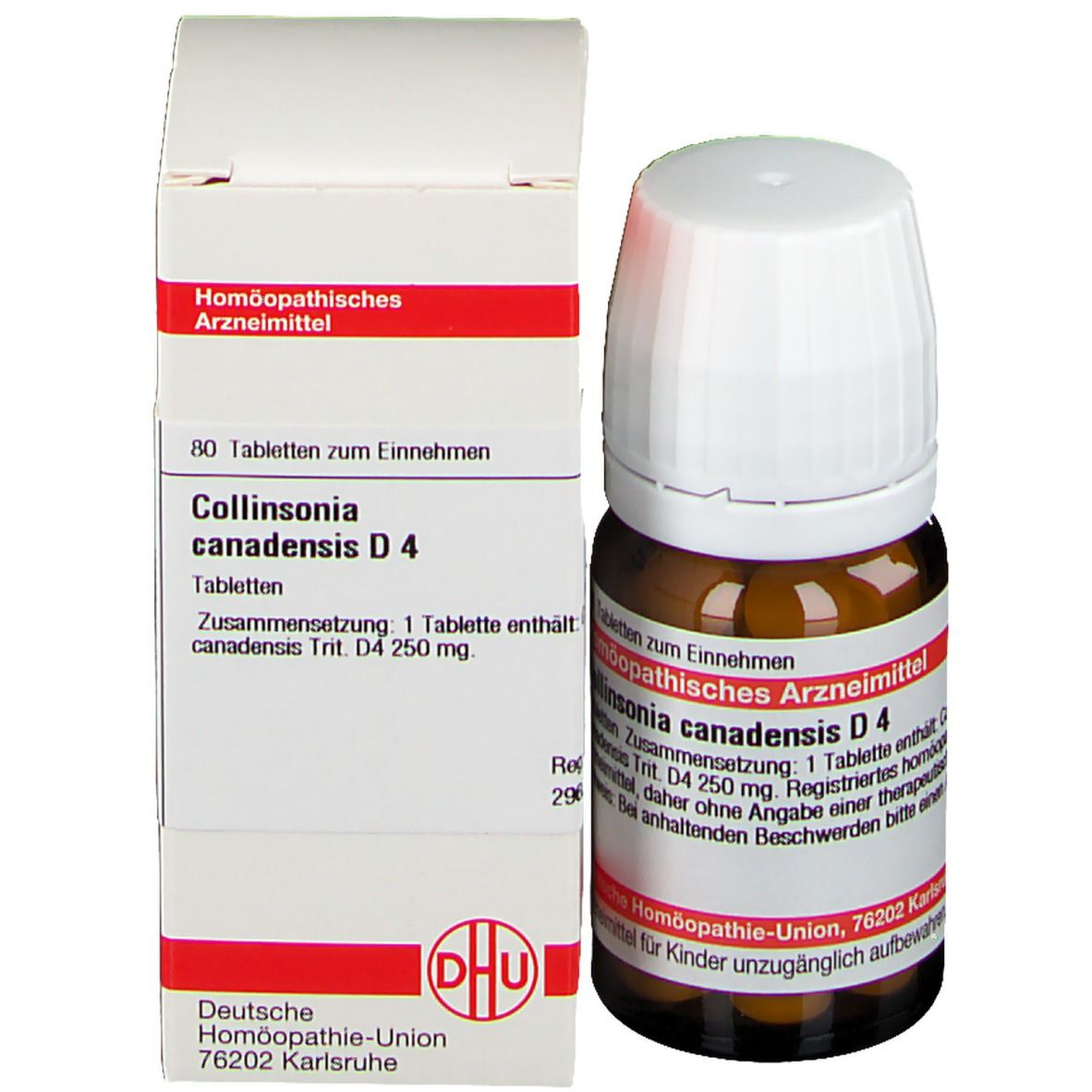 Braune Glasflasche und Schachtel. Auf der Flasche: Collinsonia canadensis D4. Auf der Schachtel: DHU Logo, Collinsonia canadensis D4.