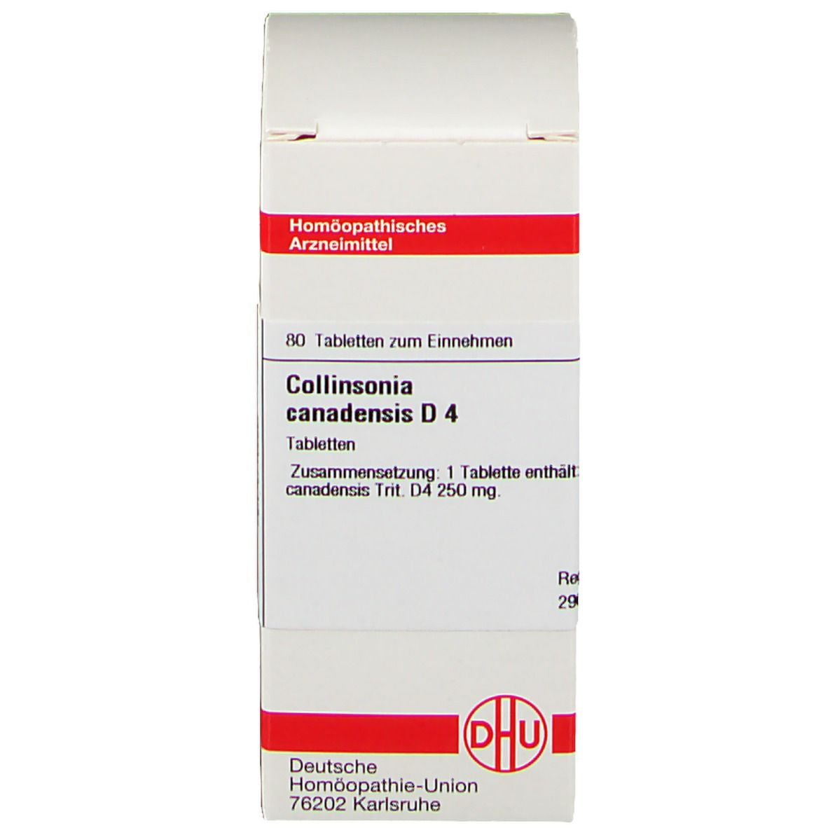 Weiße Schachtel mit roter Schrift. Text: Collinsonia canadensis D4, 80 Tabletten. DHU Logo.