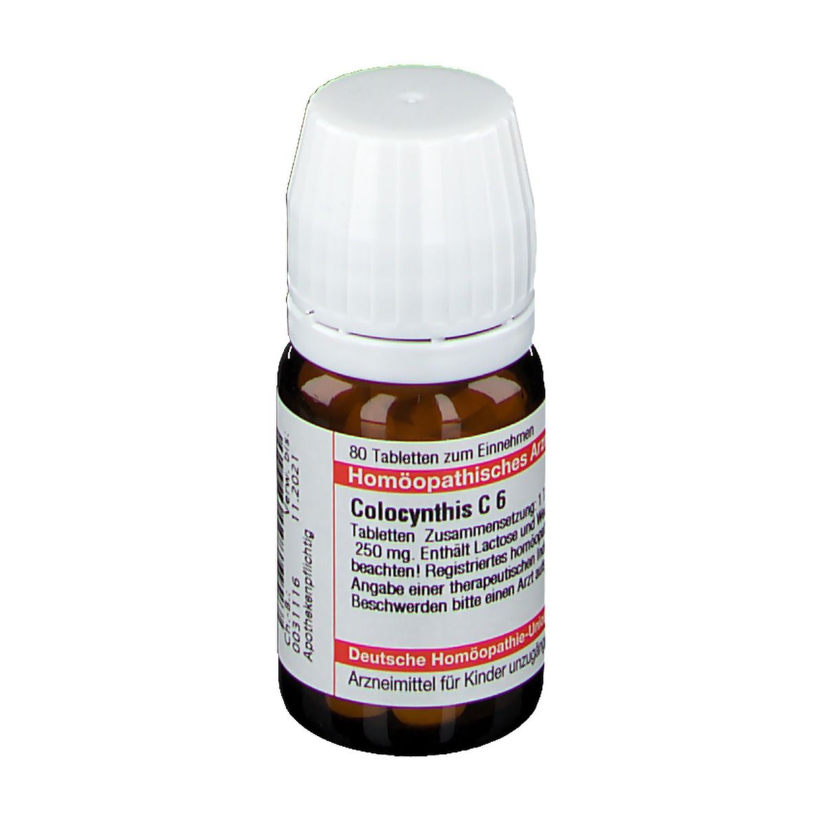 Braune Glasflasche mit weißem Deckel. Etikett mit roter Schrift: Colocynthis C 6. 80 Tabletten. Apothekenpflichtig.