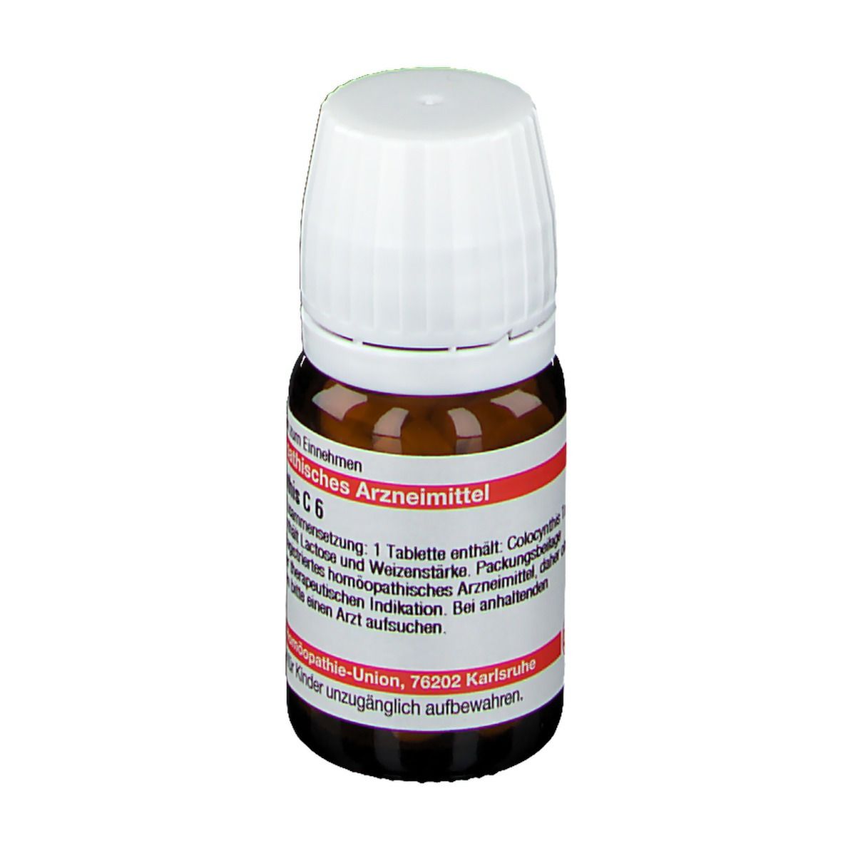 Braune Glasflasche mit weißem Deckel. Rotes Etikett mit Text: Colocynthis C 6. Apothekenpflichtig. Hersteller: DHU.