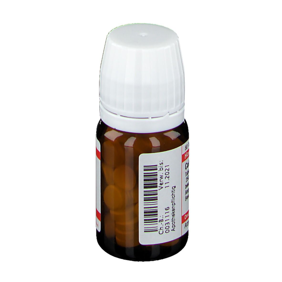 Braune Glasflasche mit weißem Deckel. Etikett mit Barcode und Verfallsdatum. Tabletten sichtbar.