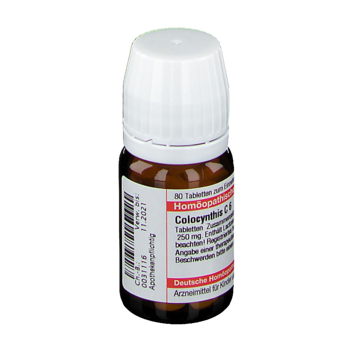 Braune Glasflasche mit weißem Deckel. Rotes Etikett mit Text: Colocynthis C 6. 80 Tabletten. Apothekenpflichtig.