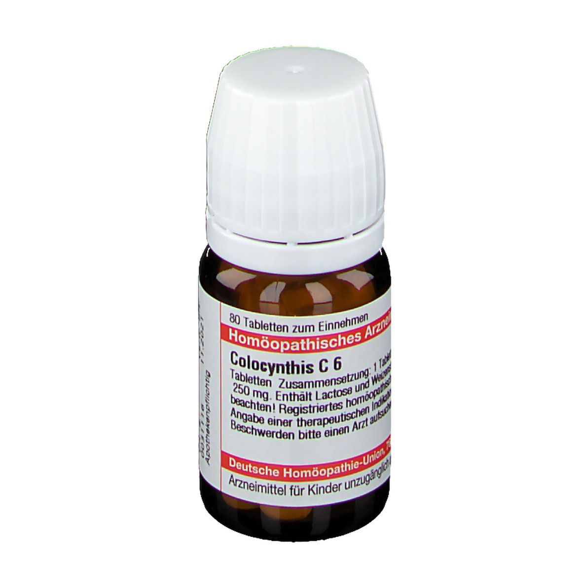 Braune Glasflasche mit weißem Deckel. Rotes Etikett mit Text: Colocynthis C 6. 80 Tabletten. Apothekenpflichtig.
