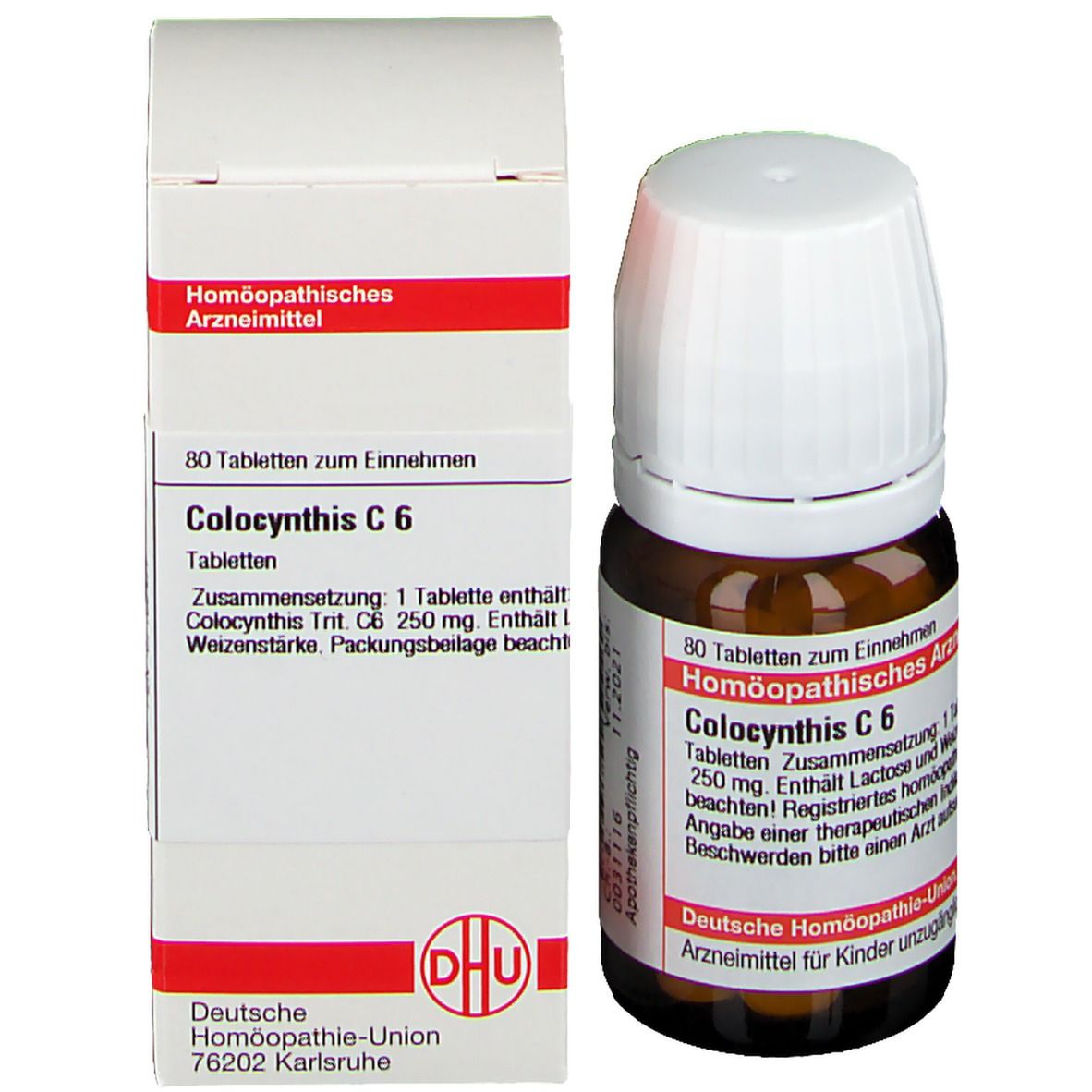 Produktverpackung: Flasche und Schachtel. Schachtel mit roter Schrift: Colocynthis C 6. 80 Tabletten. DHU Logo.