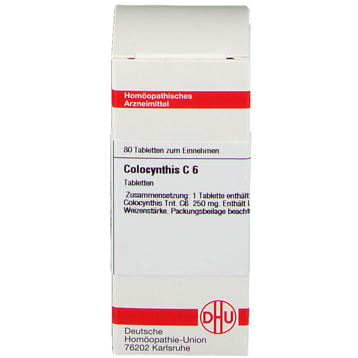 Produktverpackung: Schachtel mit roter Schrift: Colocynthis C 6. 80 Tabletten. DHU Logo. Text und Inhaltsstoffe.