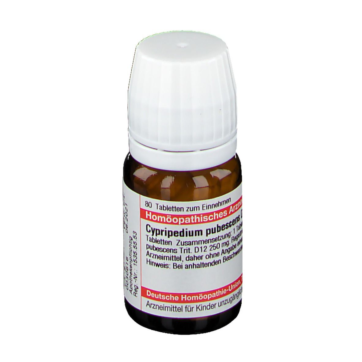 Braune Glasflasche mit weißem Deckel. Etikett mit Produktinformationen. Deutsche Homöopathie-Union.