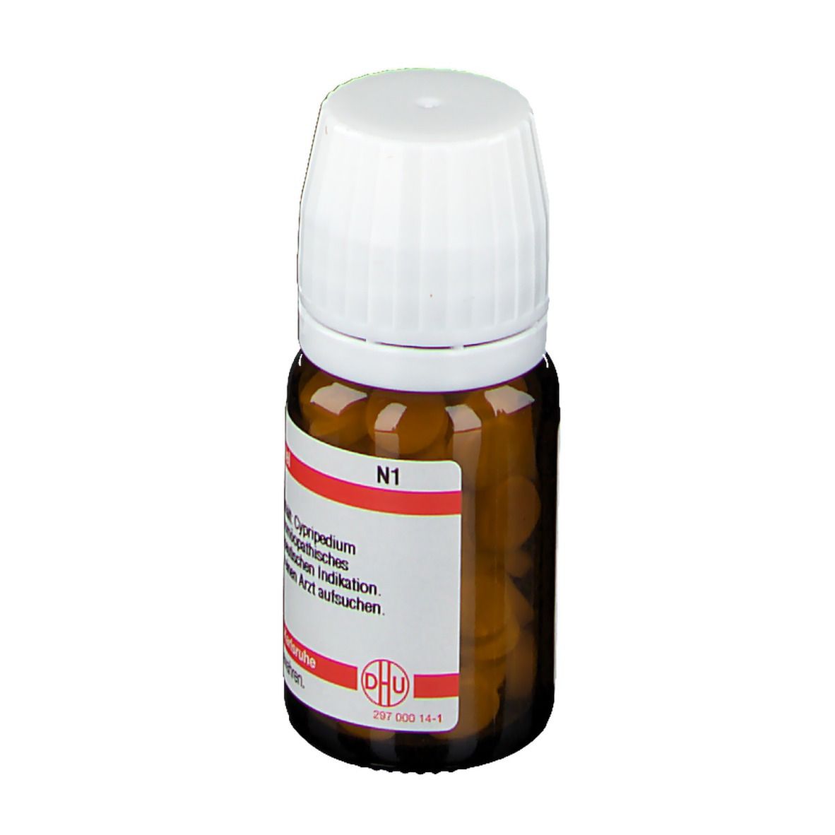 Braune Glasflasche mit weißen Tabletten und weißem Deckel. Rotes Etikett mit Produktinformationen.