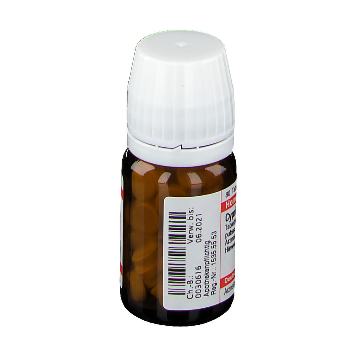 Braune Glasflasche mit weißen Tabletten und weißem Deckel. Etikett mit Produktinformationen und Verfallsdatum.