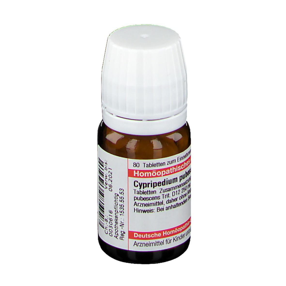 Braune Glasflasche mit weißen Tabletten und weißem Deckel. Etikett mit Produktinformationen.