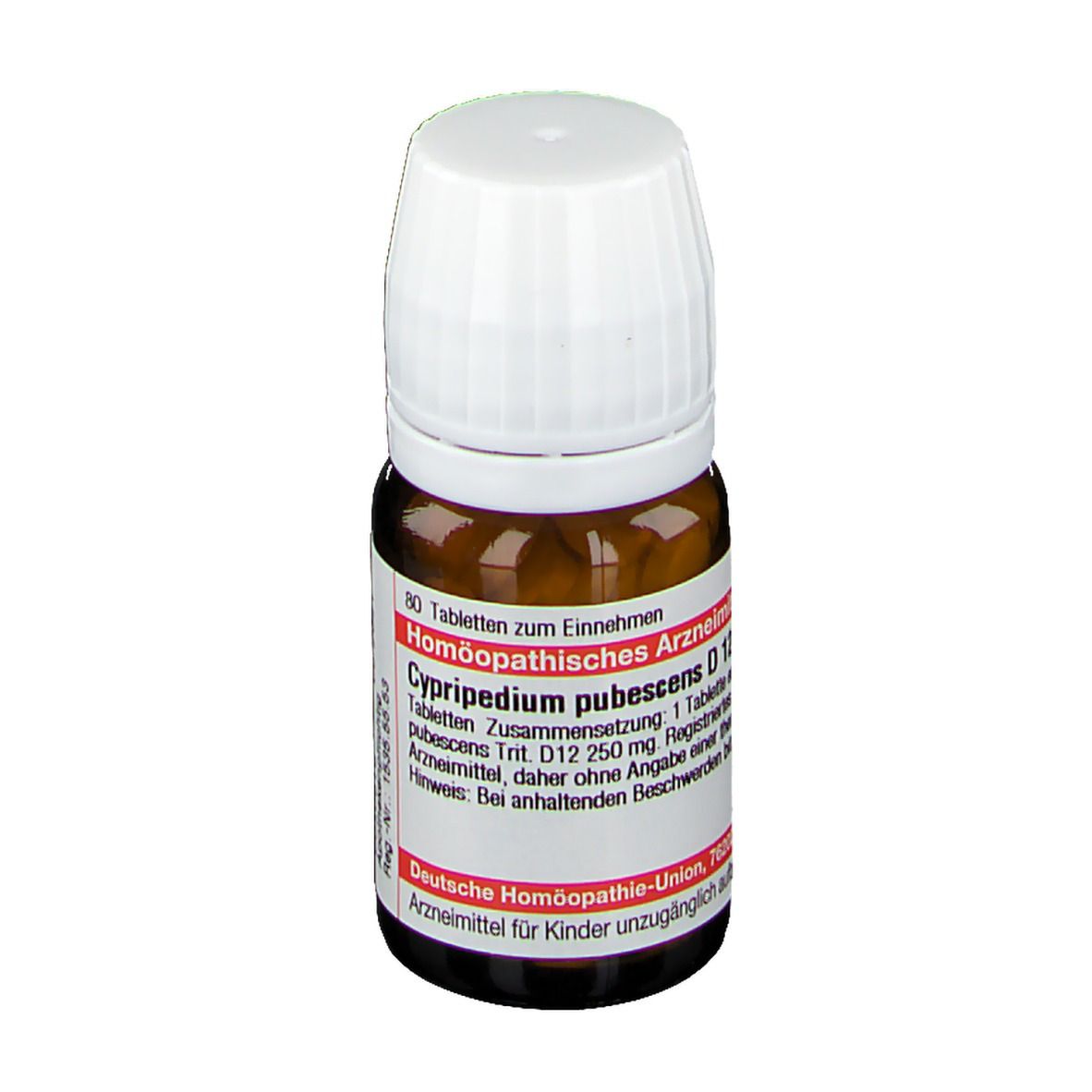 Braune Glasflasche mit weißen Tabletten und weißem Deckel. Etikett mit Produktinformationen.