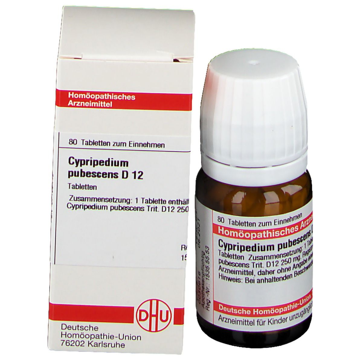 Produktverpackung mit Flasche und Tabletten. Weiße Schachtel mit Produktinformationen und DHU-Logo.