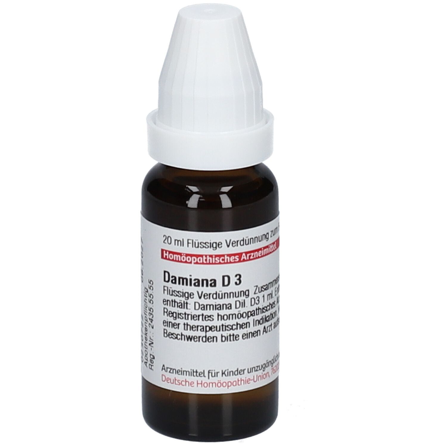 Braune Glasflasche mit weißem Verschluss. Beschriftung: Damiana D3, 20 ml flüssige Verdünnung. Deutsche Homöopathie-Union.