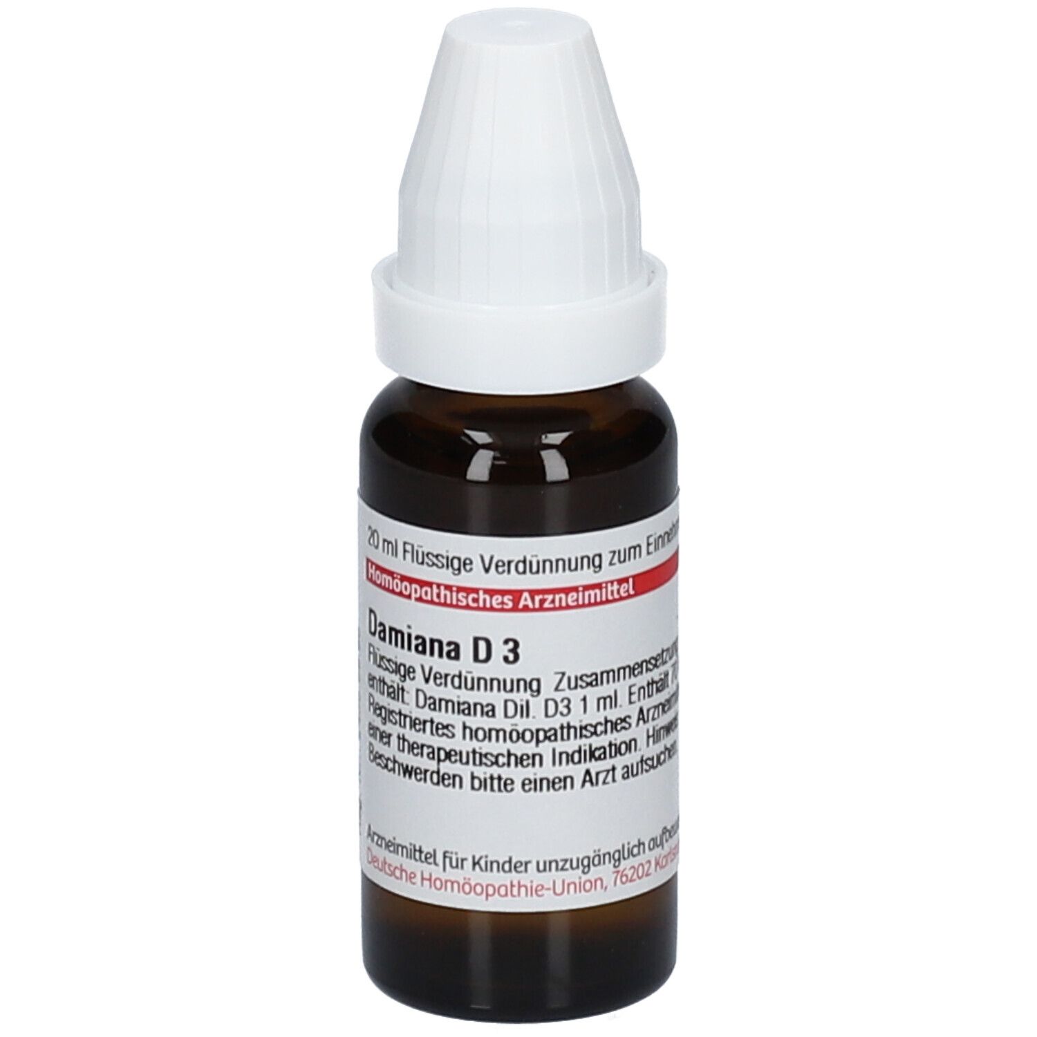 Braune Glasflasche mit weißem Verschluss. Beschriftung: Damiana D3, 20 ml flüssige Verdünnung. Deutsche Homöopathie-Union.