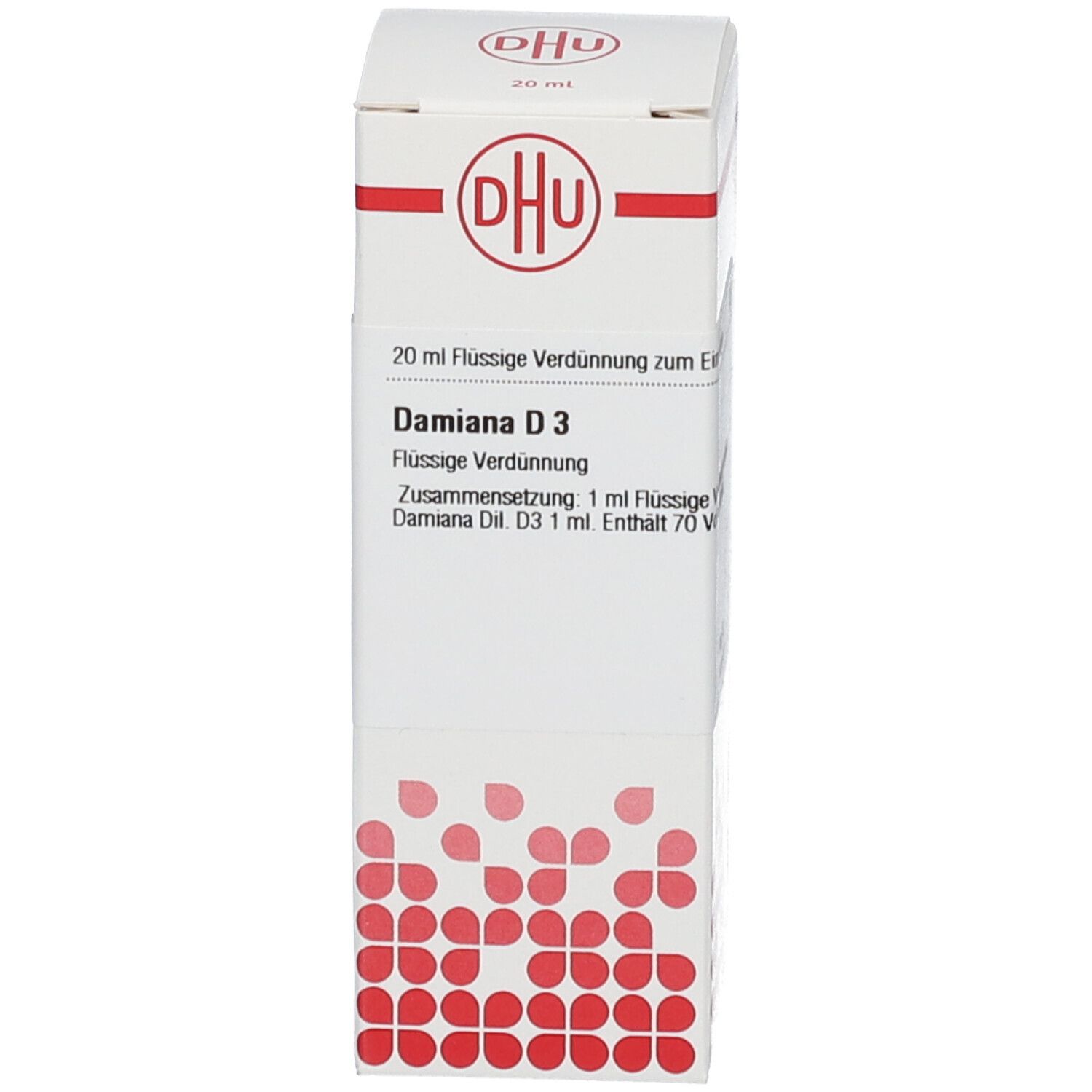 Produktverpackung. Karton mit Beschriftung: Damiana D3, 20 ml flüssige Verdünnung. DHU Logo.