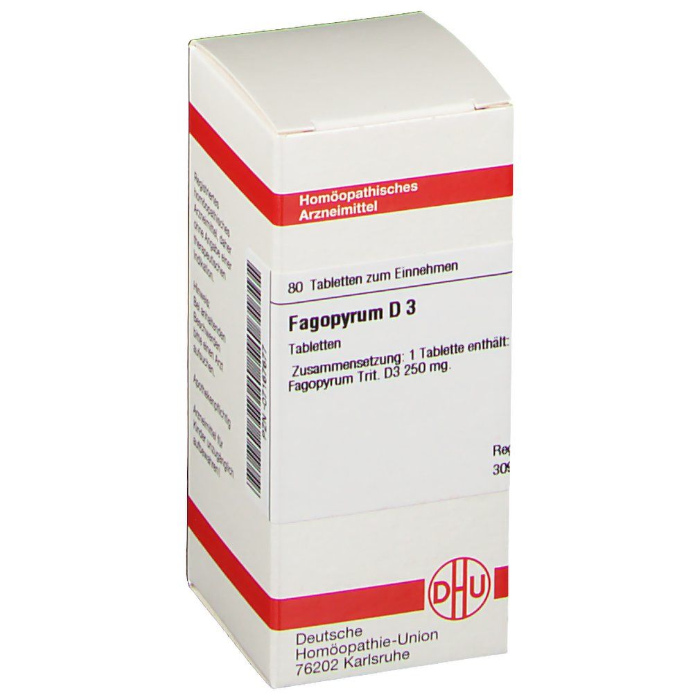 Weiße Faltschachtel mit roter Schrift. Aufschrift: Fagopyrum D 3, 80 Tabletten. Enthält Fagopyrum Trit. D3 250 mg. Logo DHU.