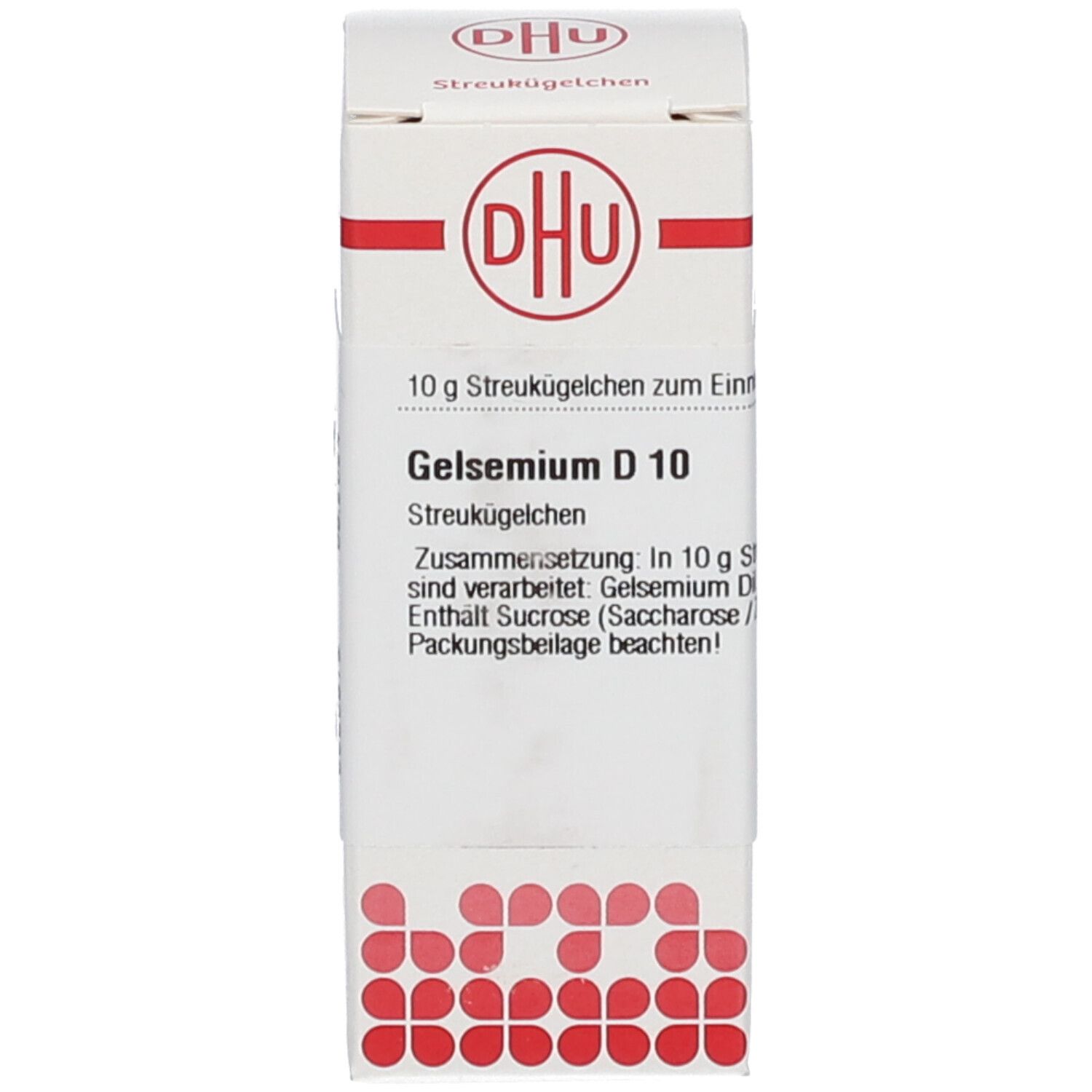 Weiße Schachtel mit DHU Logo. Beschriftung: Gelsemium D 10, 10 g Streukügelchen. Homöopathisches Arzneimittel.
