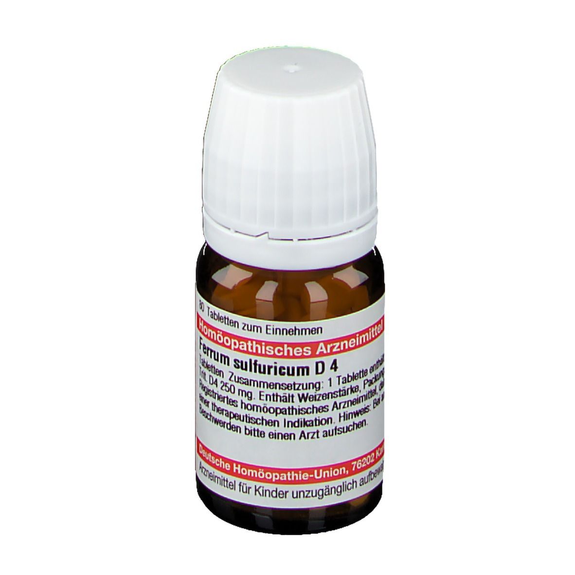 Braune Glasflasche mit weißem Deckel. Etikett mit Produktnamen und Informationen. DHU Ferrum sulfuricum D4.