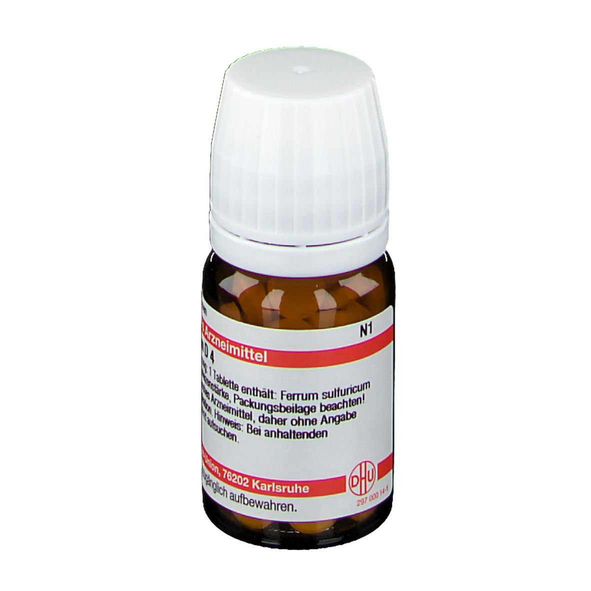 Braune Glasflasche mit weißem Deckel. Etikett mit Produktnamen und Informationen. DHU Ferrum sulfuricum D4.