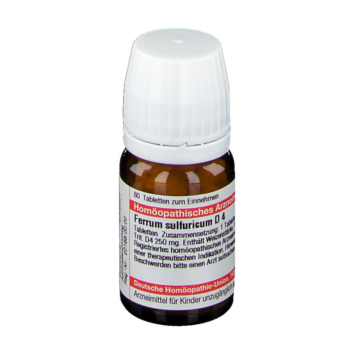 Braune Glasflasche mit weißem Deckel. Etikett mit Produktnamen und Informationen. DHU Ferrum sulfuricum D4.