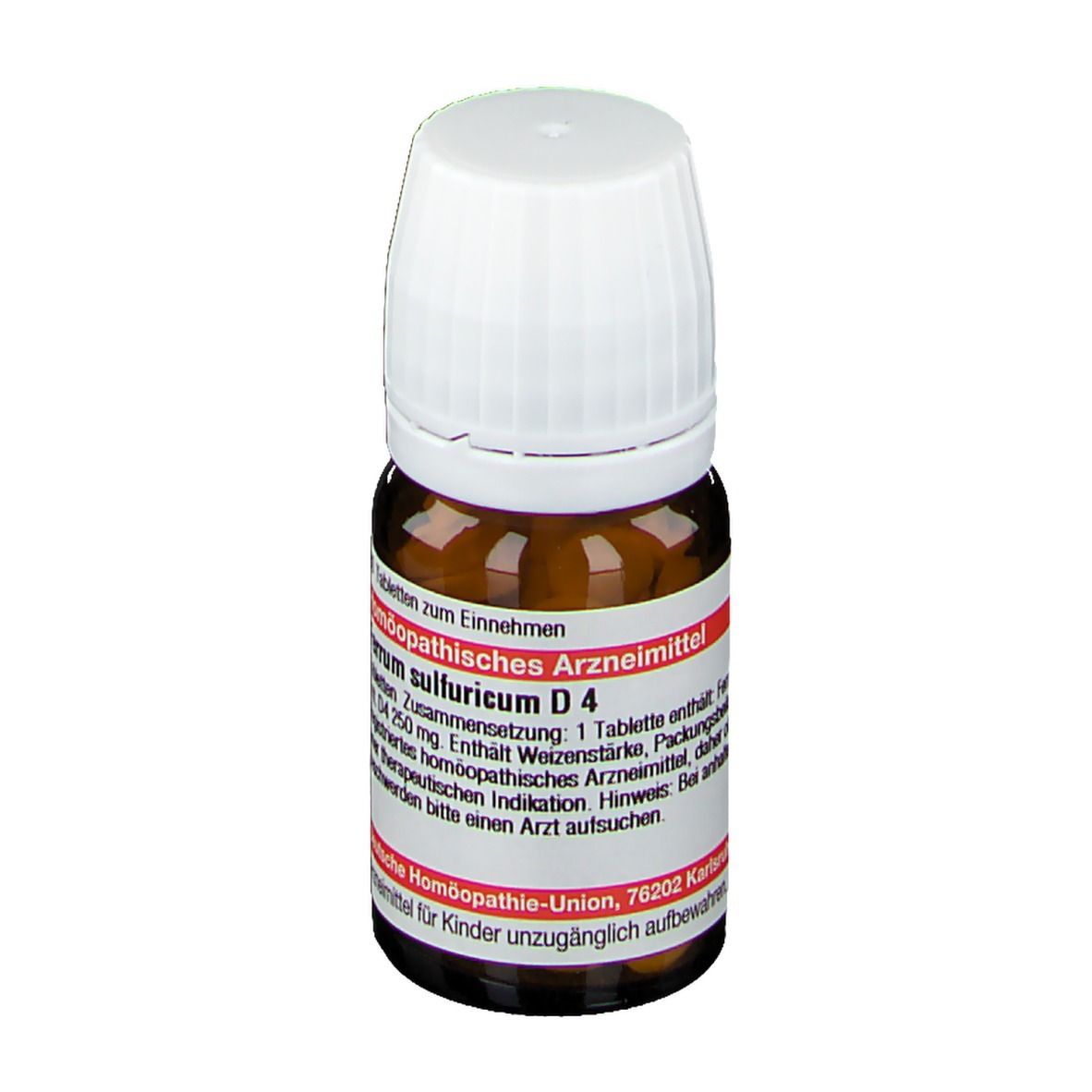 Braune Glasflasche mit weißem Deckel. Etikett mit Produktnamen und Informationen. DHU Ferrum sulfuricum D4.