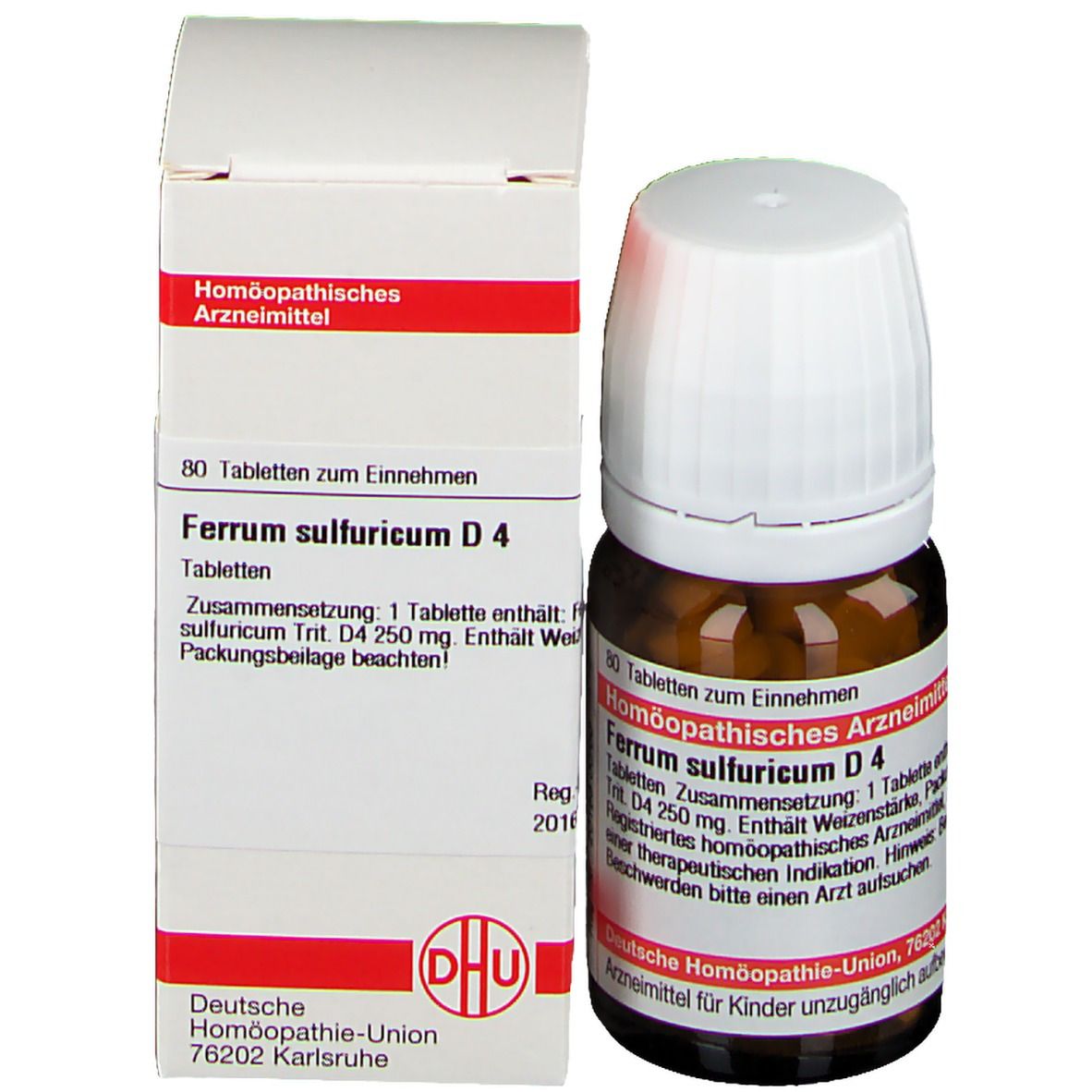 Produktverpackung und Flasche. Karton und braune Glasflasche mit weißem Deckel. DHU Ferrum sulfuricum D4.