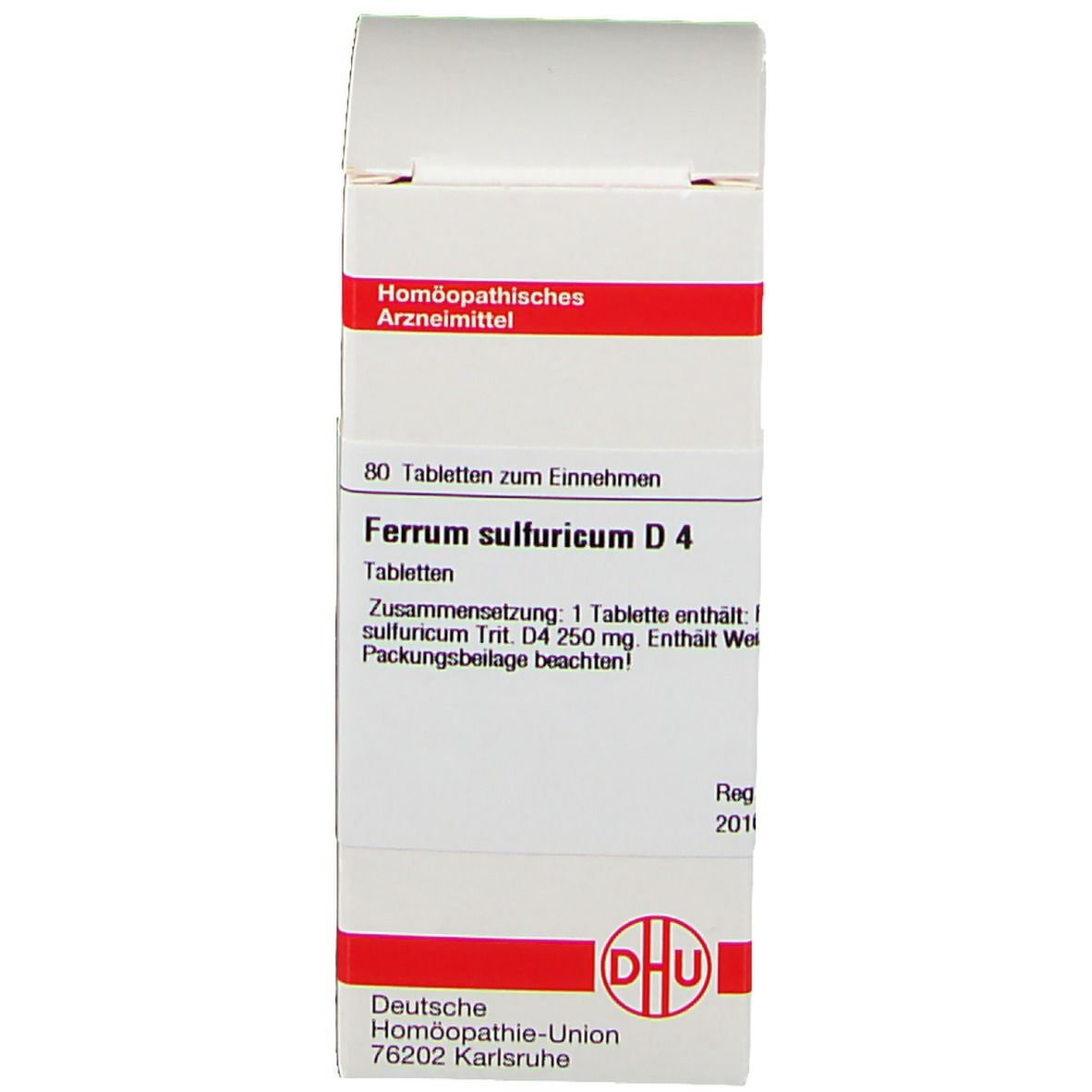 Produktverpackung. Karton mit Produktnamen und Informationen. DHU Ferrum sulfuricum D4.
