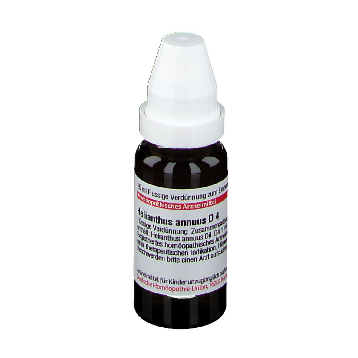 Braune Glasflasche mit weißem Verschluss. Etikett mit Text: Helianthus annuus D4. Deutsche Homöopathie-Union.