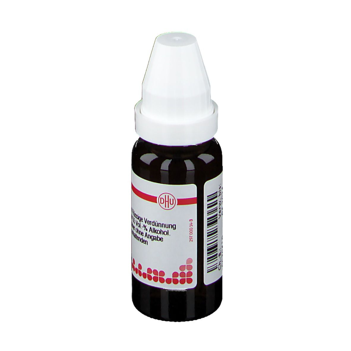 Braune Glasflasche mit weißem Verschluss. Etikett mit Text: DHU. Homöopathisches Arzneimittel.