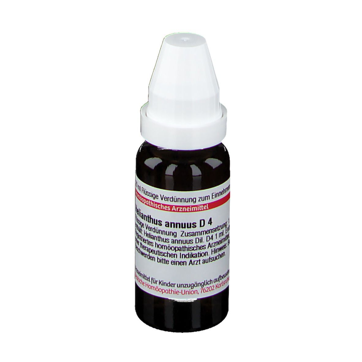Braune Glasflasche mit weißem Verschluss. Etikett mit Text: Helianthus annuus D4. Homöopathisches Arzneimittel.