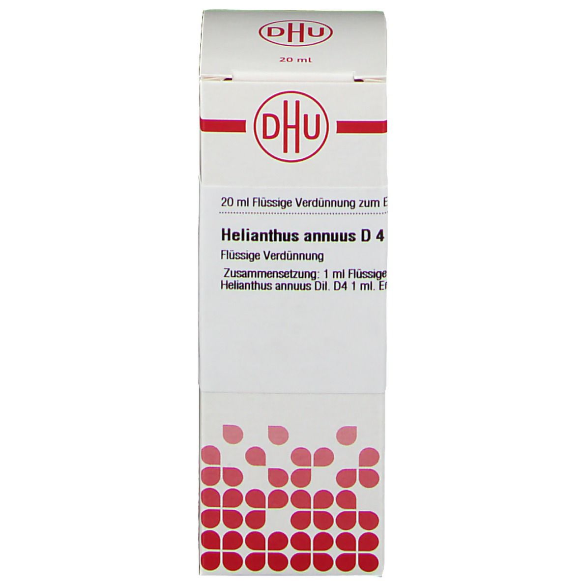 Karton mit DHU Logo und Text: Helianthus annuus D4. Rote Punkte am unteren Rand.