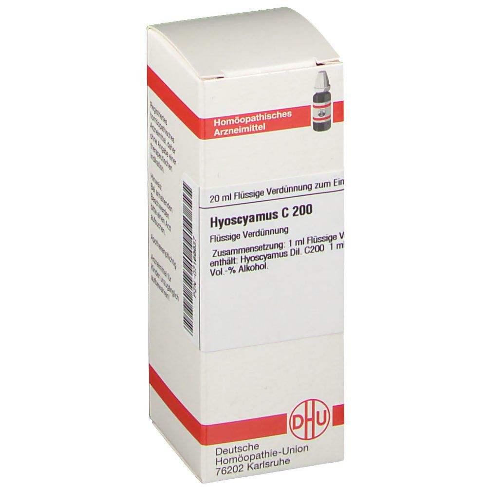 Weiße Verpackung mit roter Umrandung. Aufschrift: Hyoscyamus C 200. DHU Logo. Enthält 20 ml Flüssige Verdünnung.