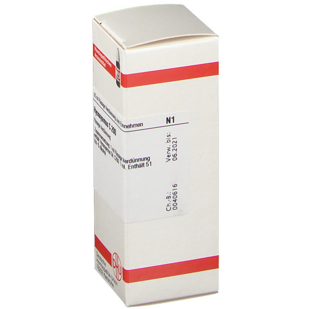 Weiße Verpackung mit roter Umrandung. Aufschrift: Hyoscyamus C 200. N1. Verwendbar bis 06.2021. Ch.-B.: 0040616. DHU Logo.