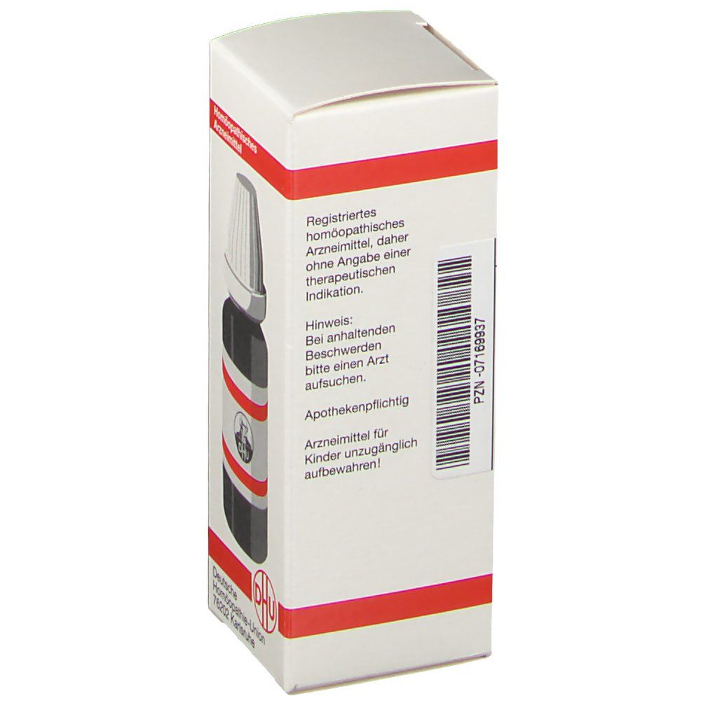 Weiße Verpackung mit roter Umrandung. Aufschrift: Registriertes homöopathisches Arzneimittel. Apothekenpflichtig. DHU Logo.