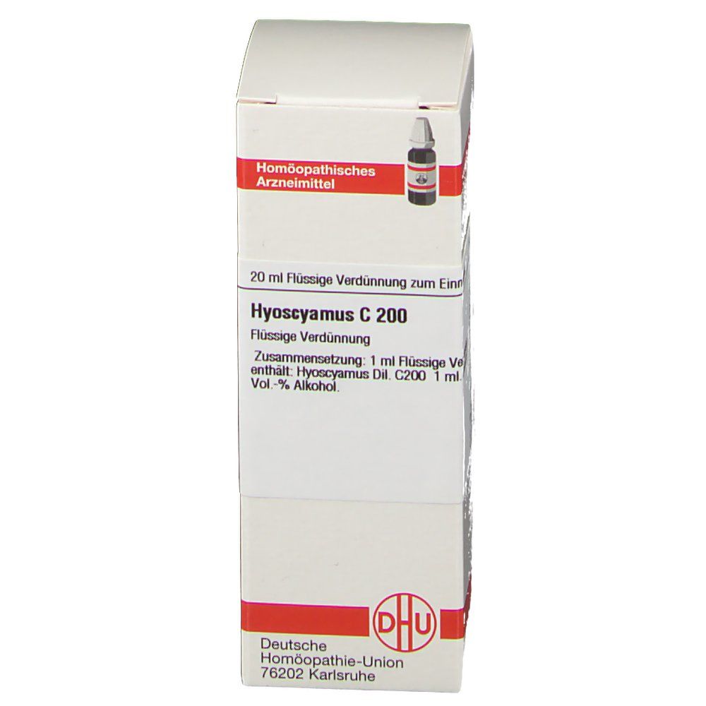 Weiße Verpackung mit roter Umrandung. Aufschrift: Hyoscyamus C 200. DHU Logo. Enthält 20 ml Flüssige Verdünnung.