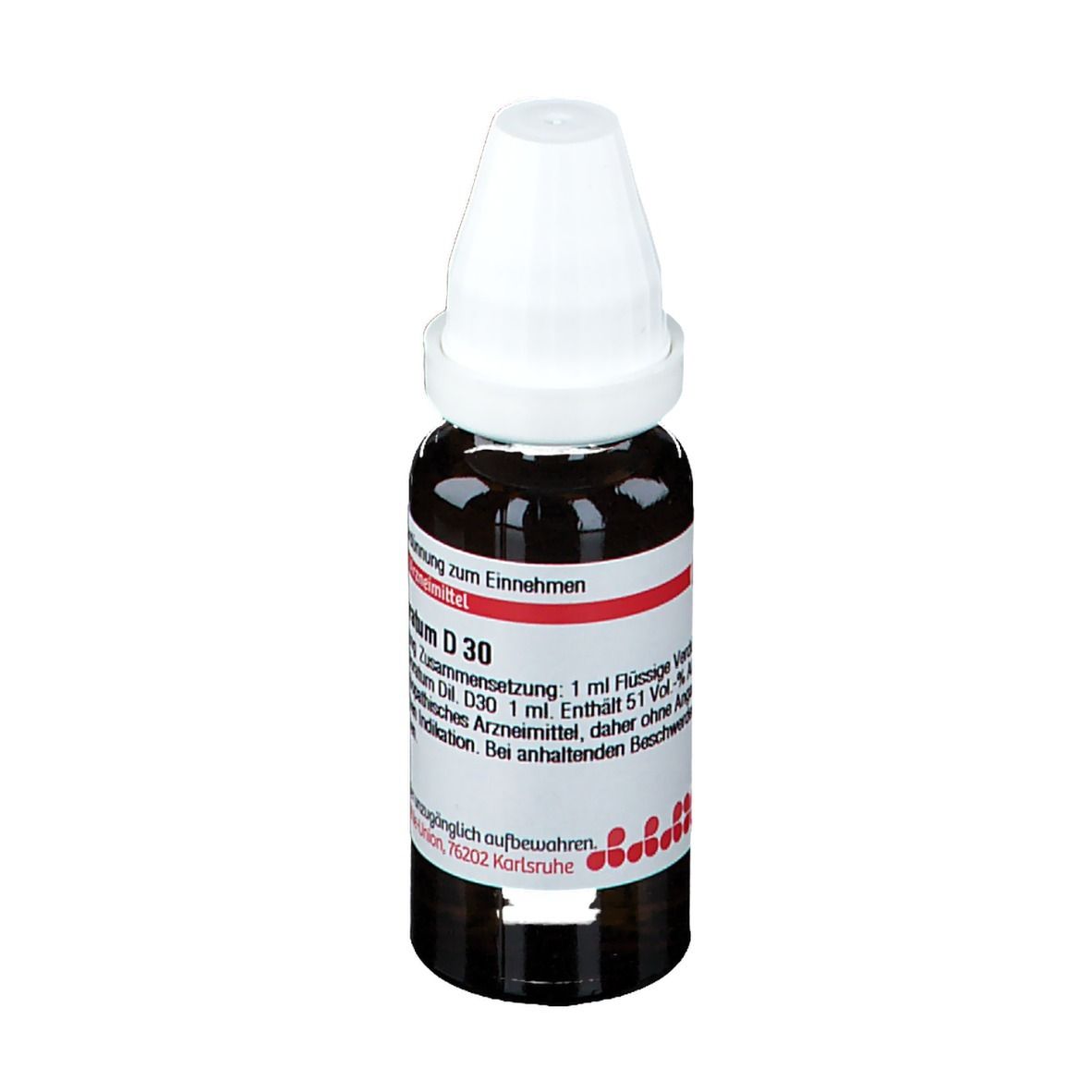 Braune Tropfflasche mit weißem Verschluss. Etikett mit Produktinformationen. Aufschrift: Kalium chloratum D30.