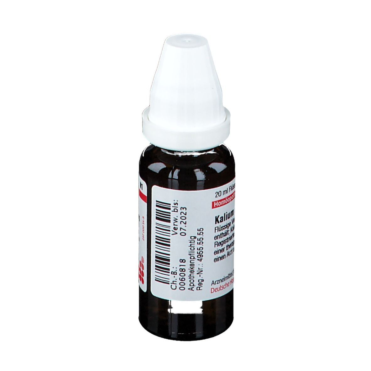 Braune Tropfflasche mit weißem Verschluss. Etikett mit Produktinformationen. Aufschrift: Kalium chloratum D30.