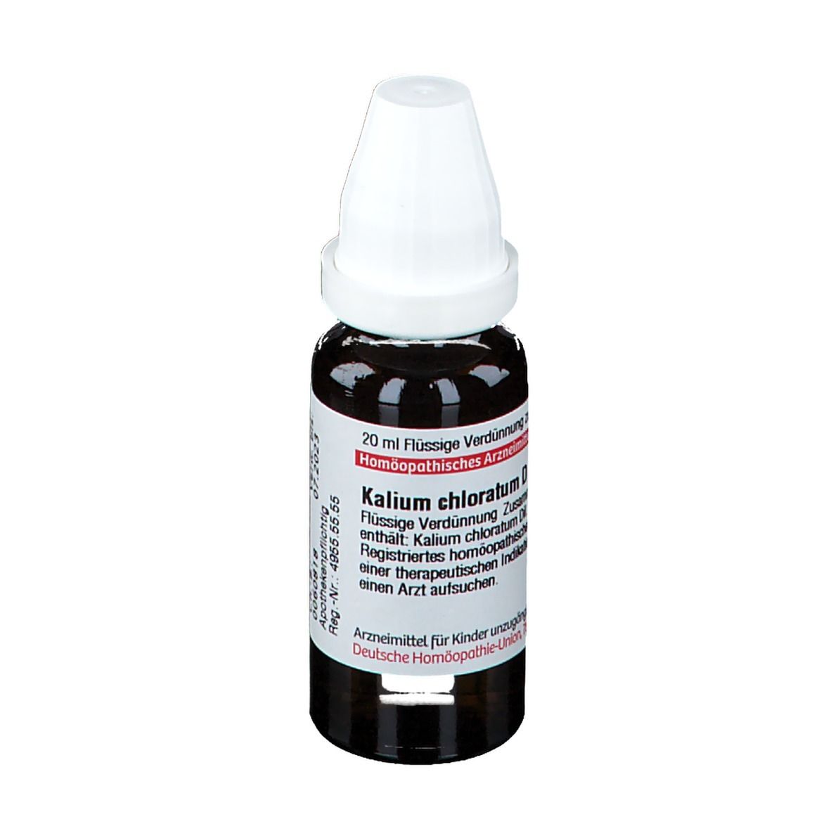 Braune Tropfflasche mit weißem Verschluss. Etikett mit Produktinformationen. Aufschrift: Kalium chloratum D30.