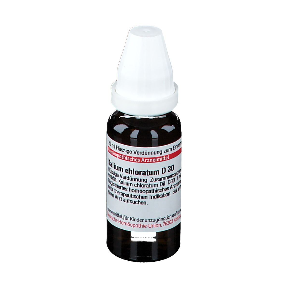 Braune Tropfflasche mit weißem Verschluss. Etikett mit Produktinformationen. Aufschrift: Kalium chloratum D30.
